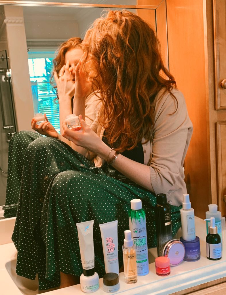 Red-head skincare and hair products displayed